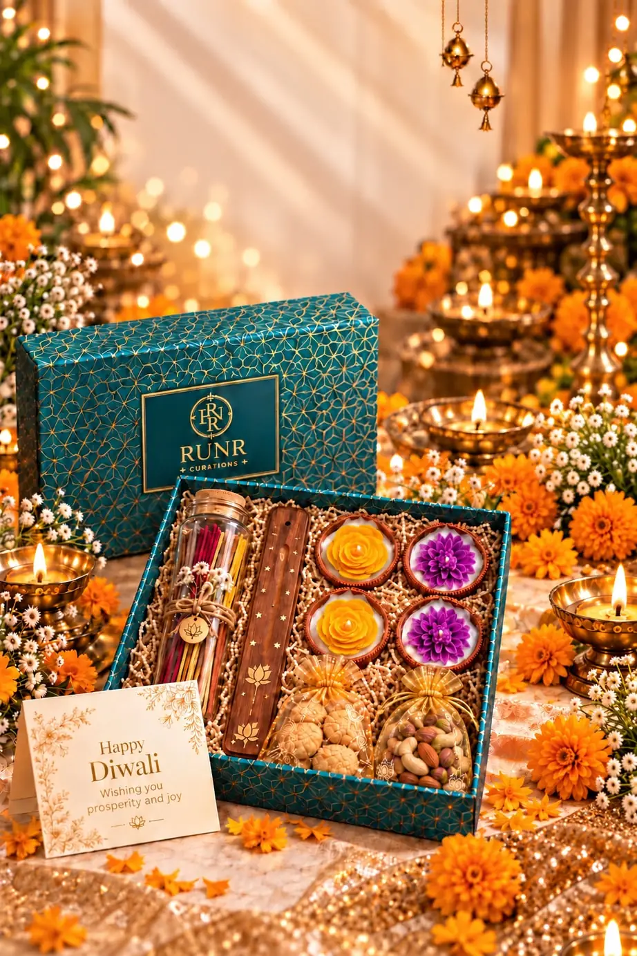 The Essential box, open, with incense, a wooden holder, four flower diyas, cookies, nuts and a Diwali card