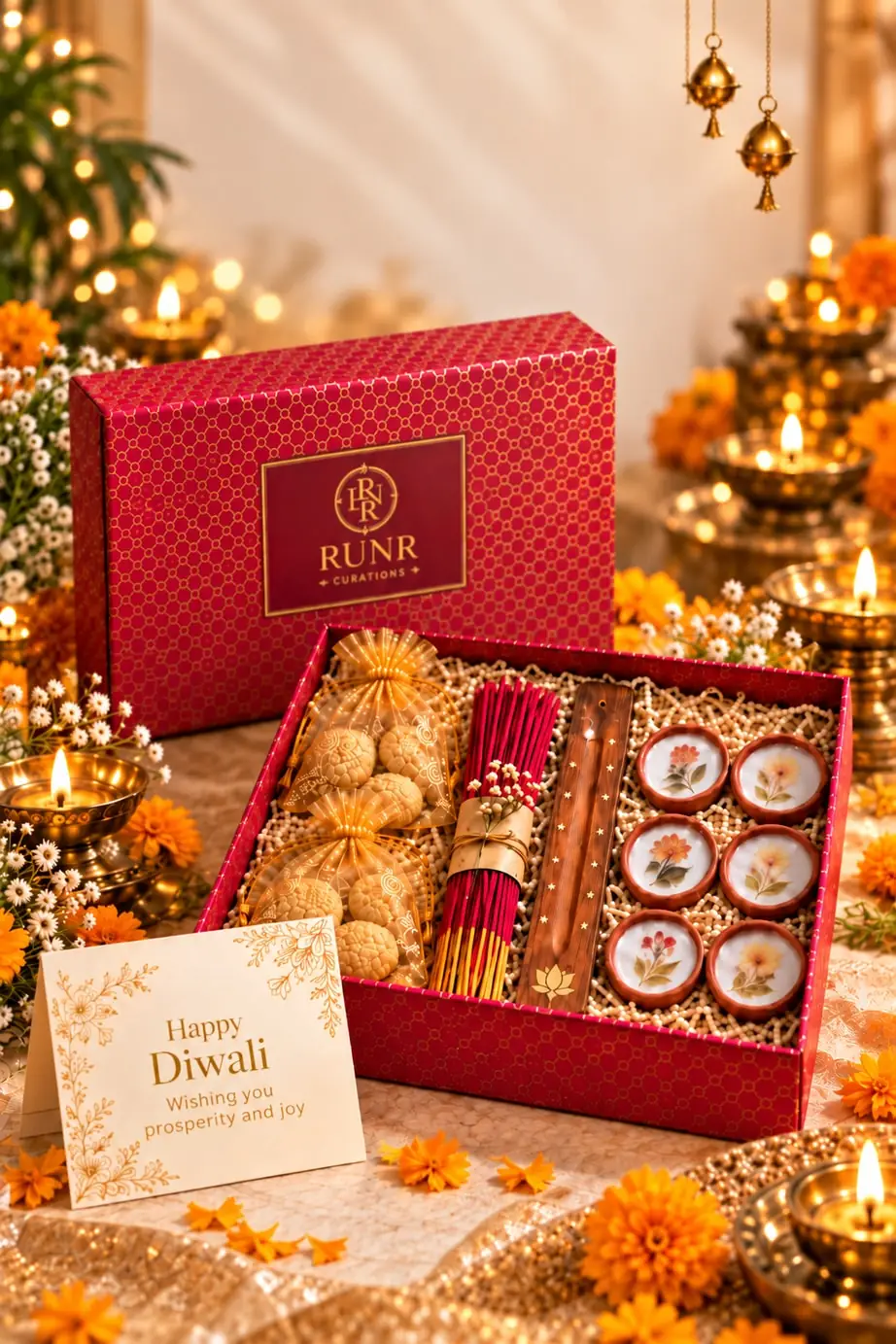 The Minimalist box, open, with rose incense, a wooden holder, earthen diyas, cookies and a Diwali card